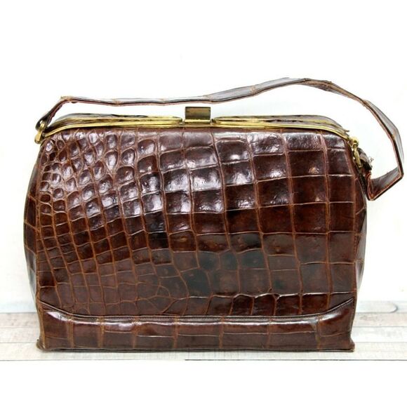 VINTAGE DEITSCH GENUINE CROCODILE BROWN LEATHER FRAME HANDBAG POCKETBOOK - Picture 2 of 12